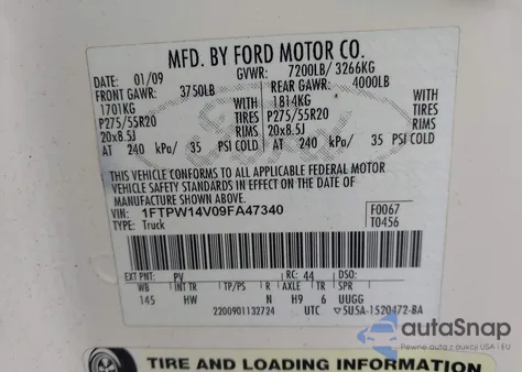 2009 Ford F-150 Fx4/King Ranch/Lariat/Platinum/Xl/Xlt from USA, damaged, VIN 1FTPW14V09FA47340